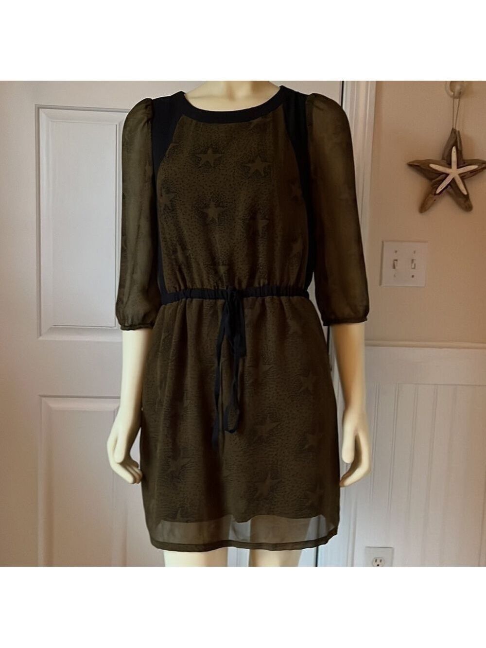 MISMASH Olive Green & Black Star Print Bohemian Drawstring Waist Dress M